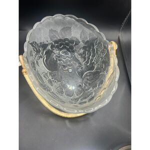 2001 JAPAN Laura Glass Fruit Delight 11" X 9" Glass Basket With Wicker Handle